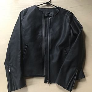 Faux Leather Collarless Zipper Jacket Uniqlo Black